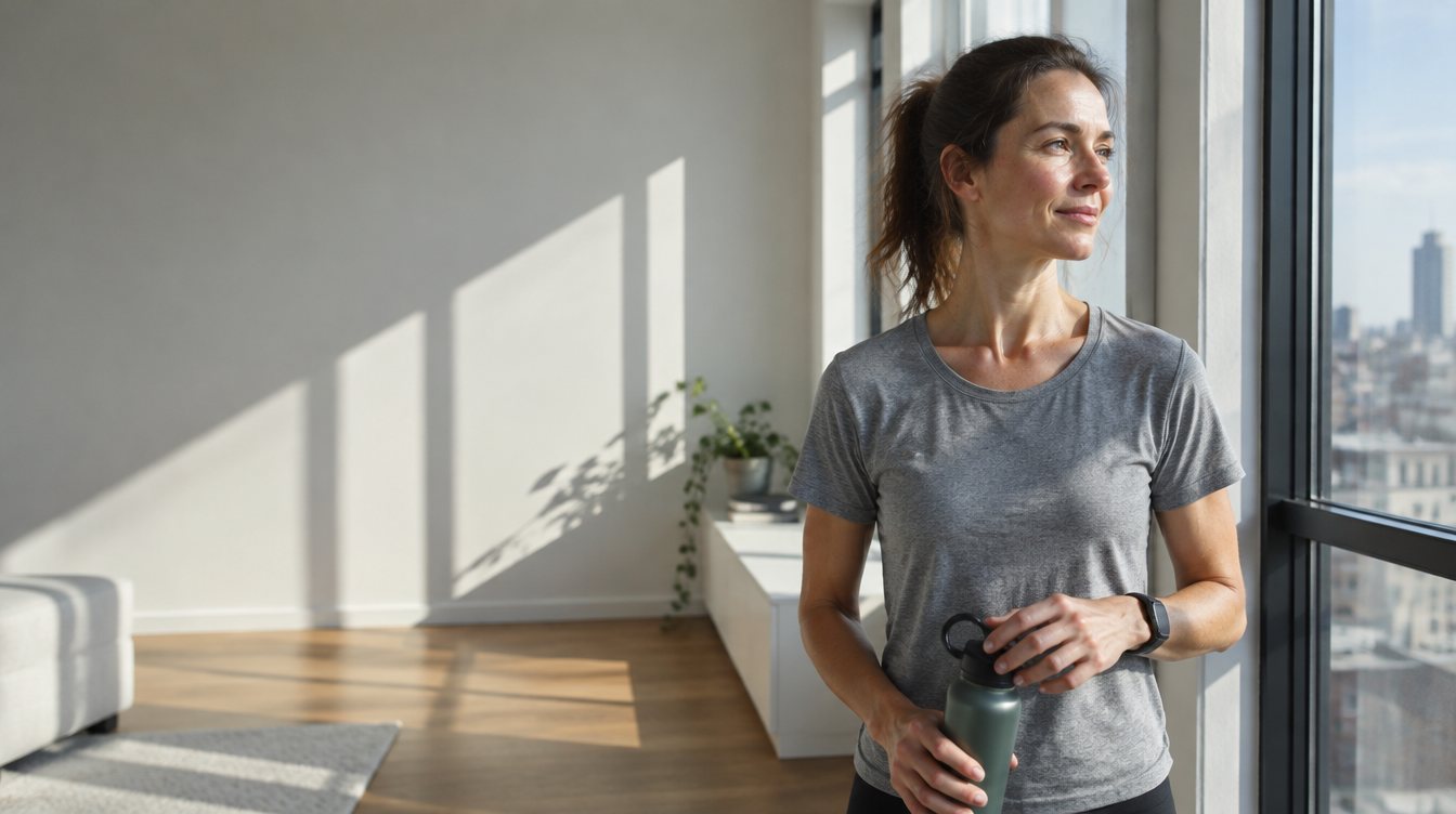 A woman resting by a window after a morning run