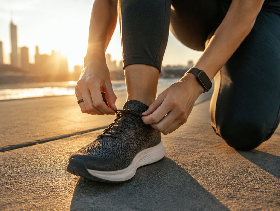 A runner wearing a smartwatch tying their shoes