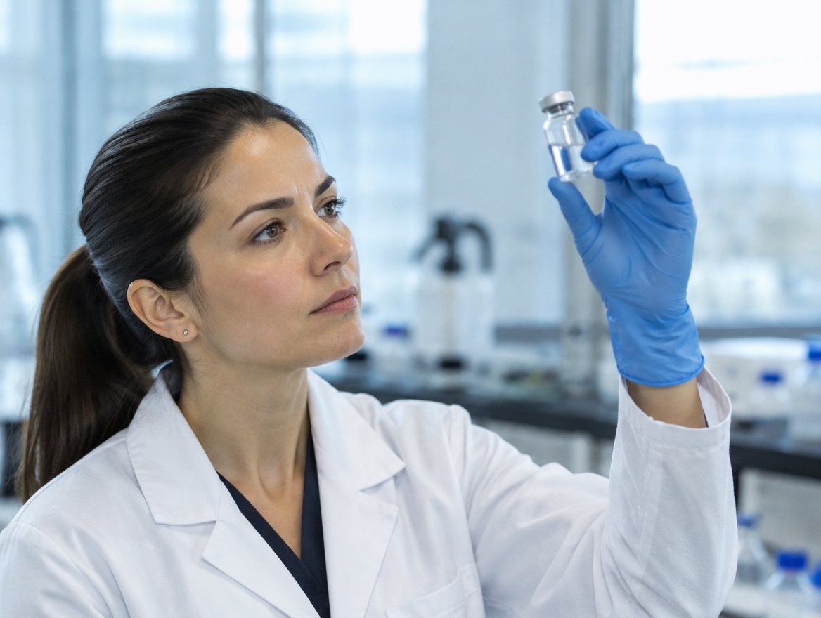 A pharmacist inspecting a vial in a quality-control lab